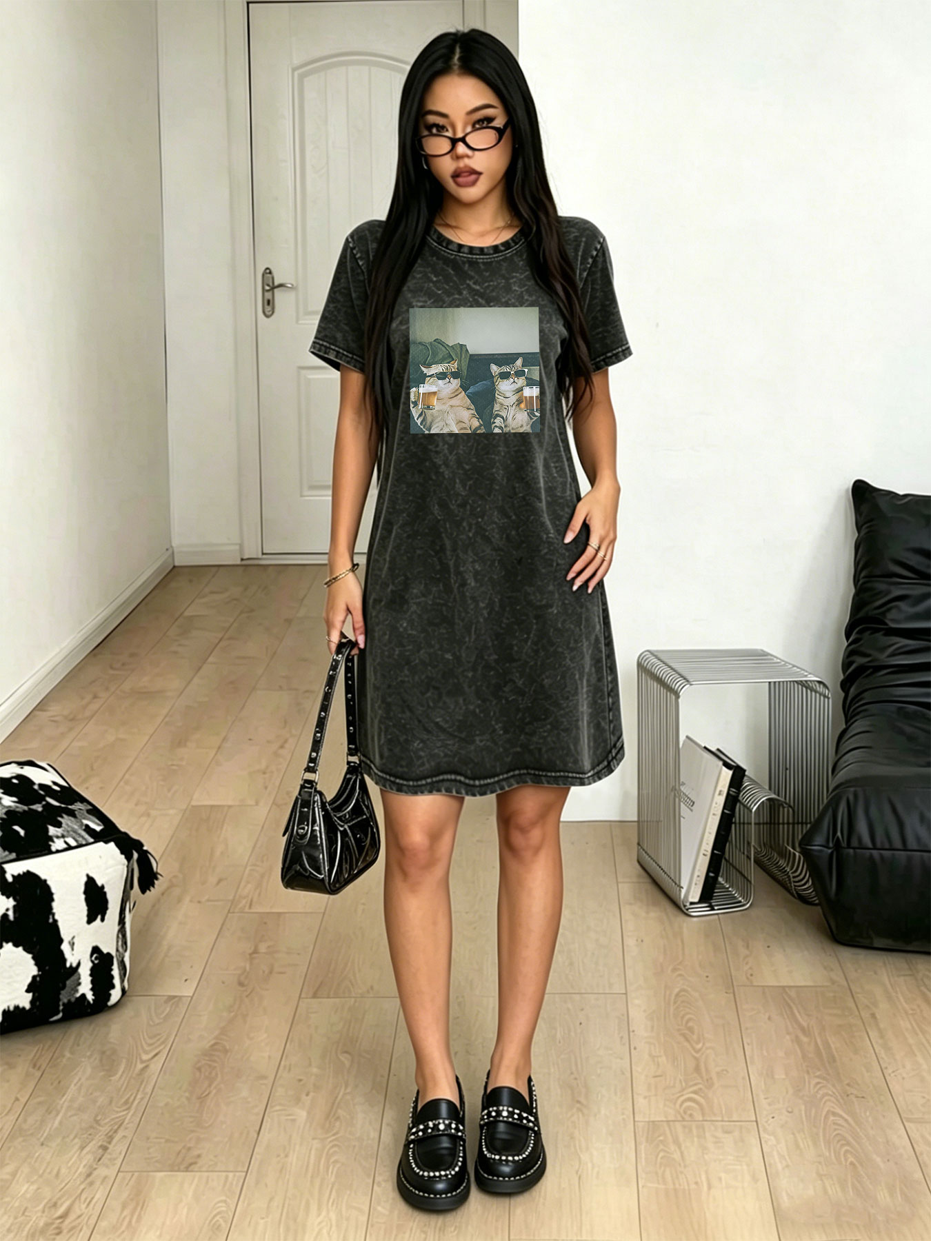 Streetwear Brand Cat - Vestido Camiseta Vintage Lavado y Desgastado
