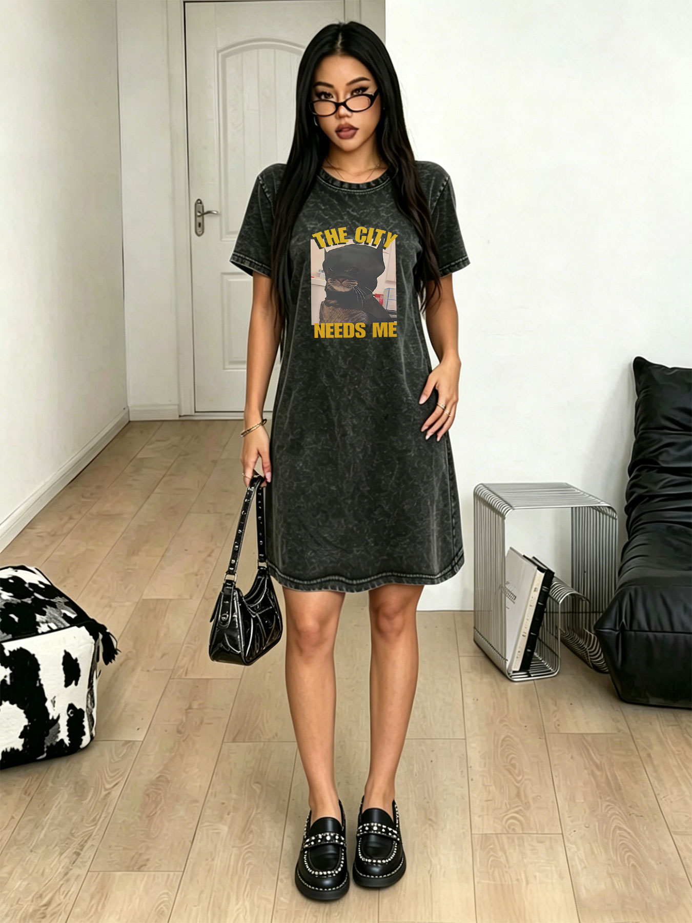 Streetwear Brand Cat - Vestido Camiseta Vintage Lavado y Desgastado